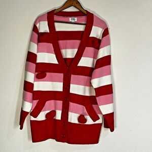 Unique Vintage Plus XL 1X Pink Red White Striped Crochet Hearts Cardigan Sweater